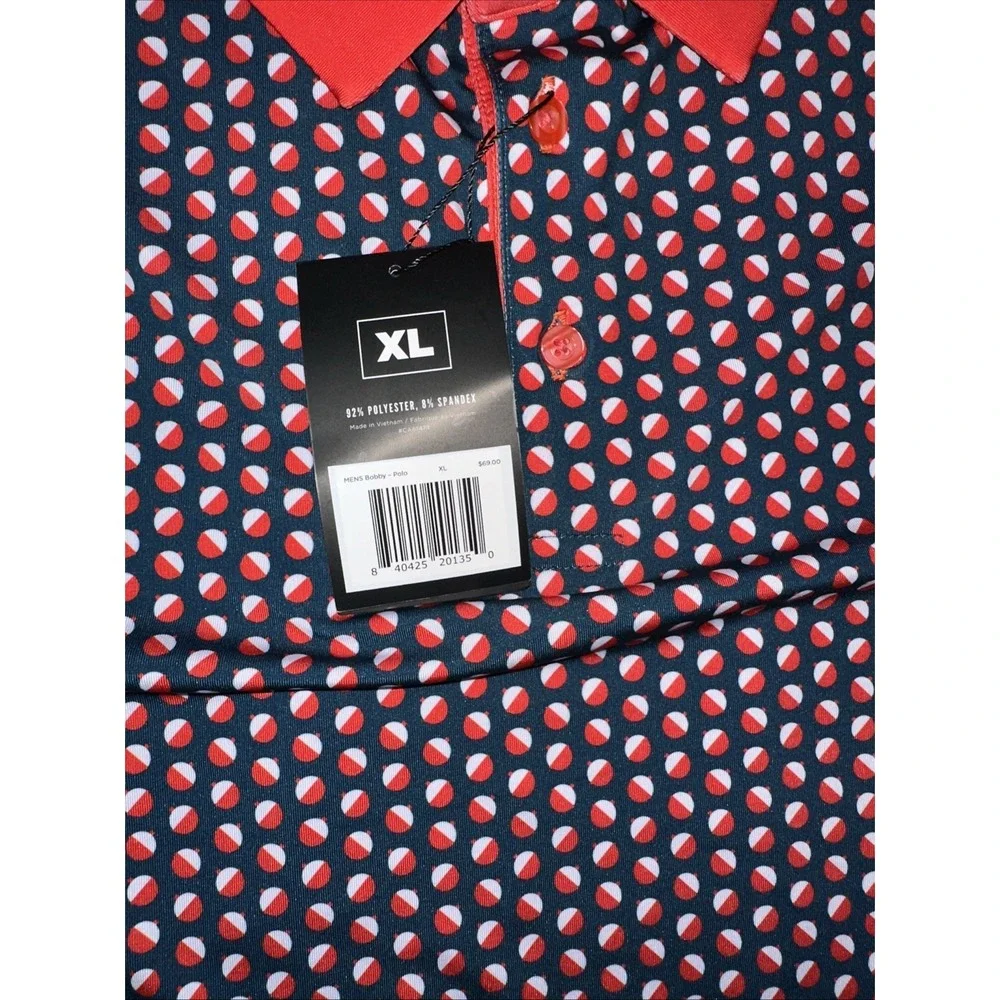 Waggle Mens Bobby Golf Polo Size XL with all over Red Bobbers print Blue-(005-6) - Picture 3 of 6